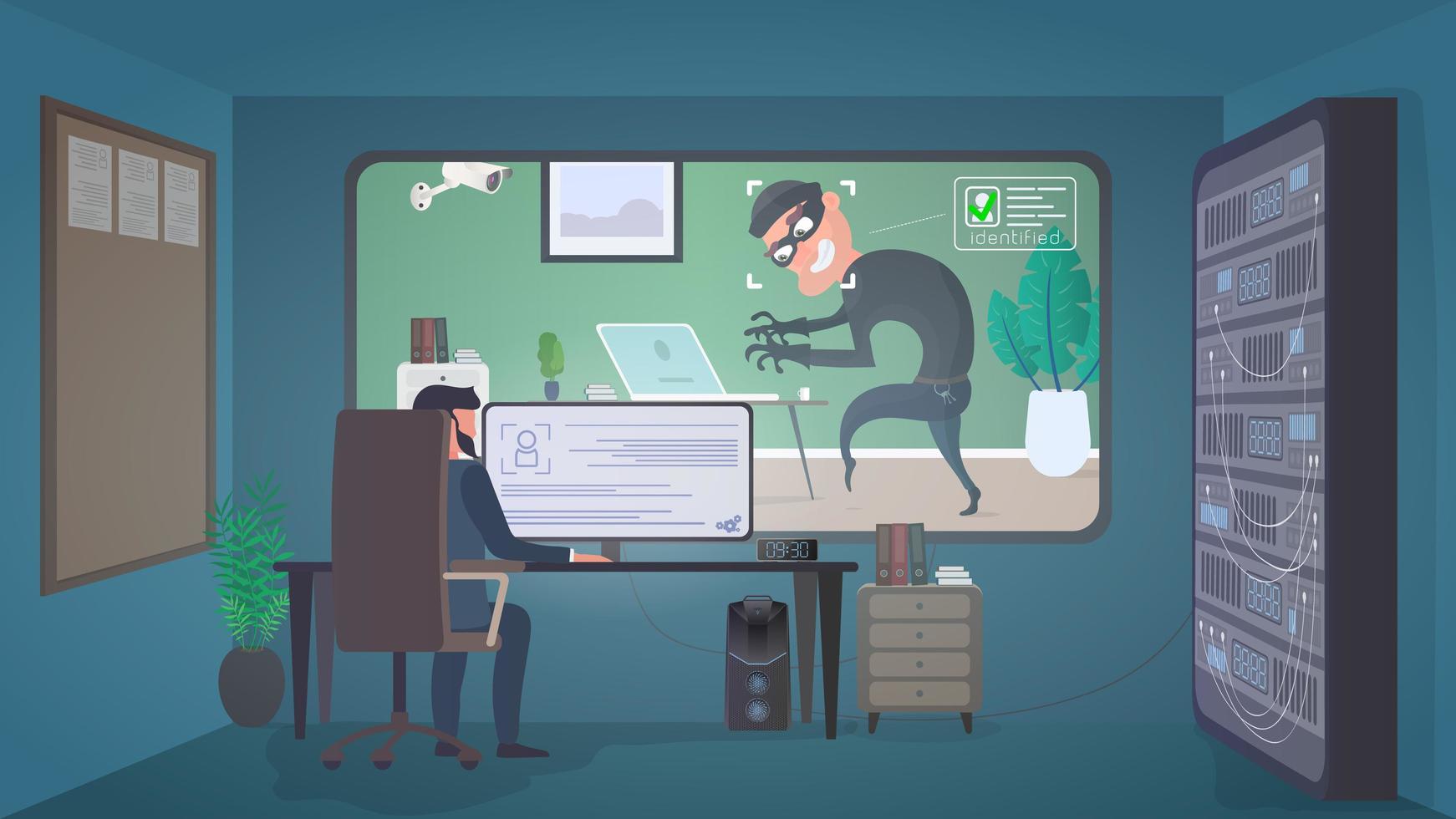 Security room. A masked thief steals a laptop. The criminal got into the apartment. The guard is watching the attacker. The concept of security and data protection. Vector. vector