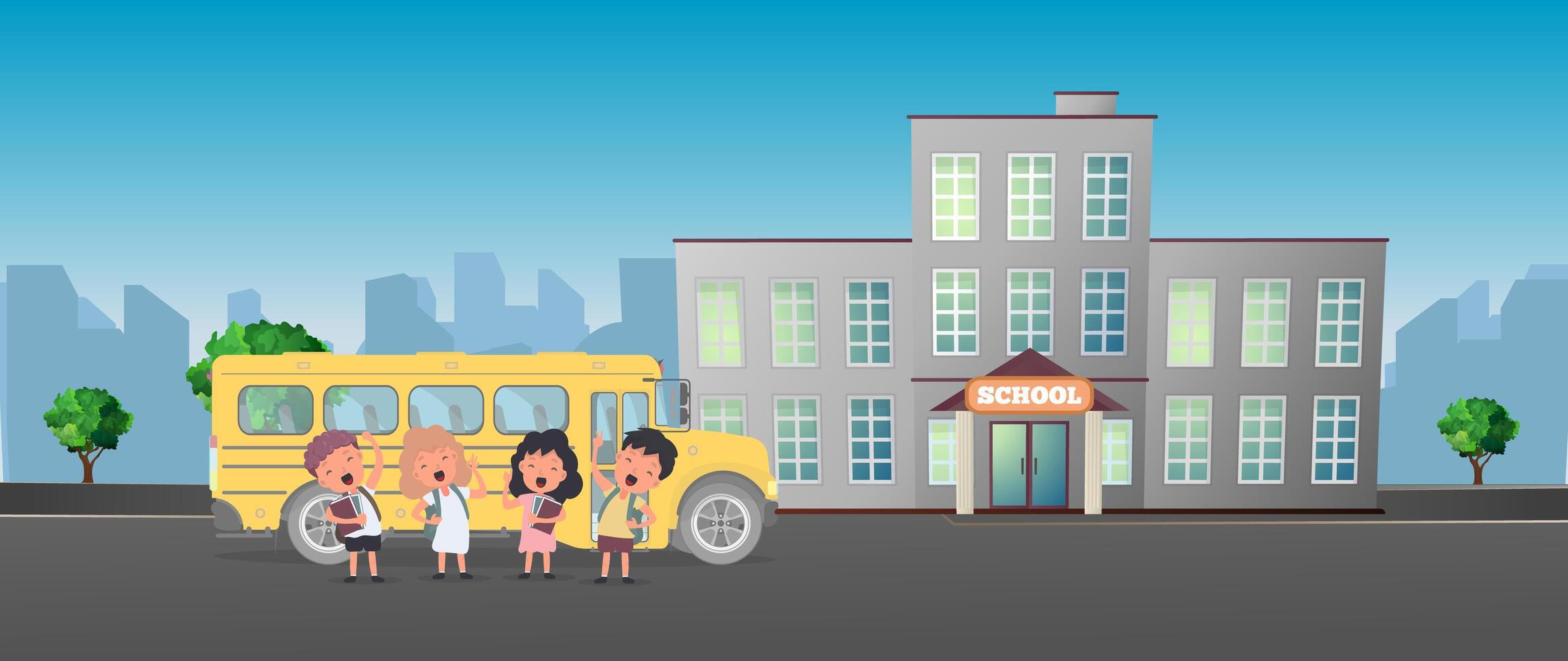 School bus with children and school building illustration vector