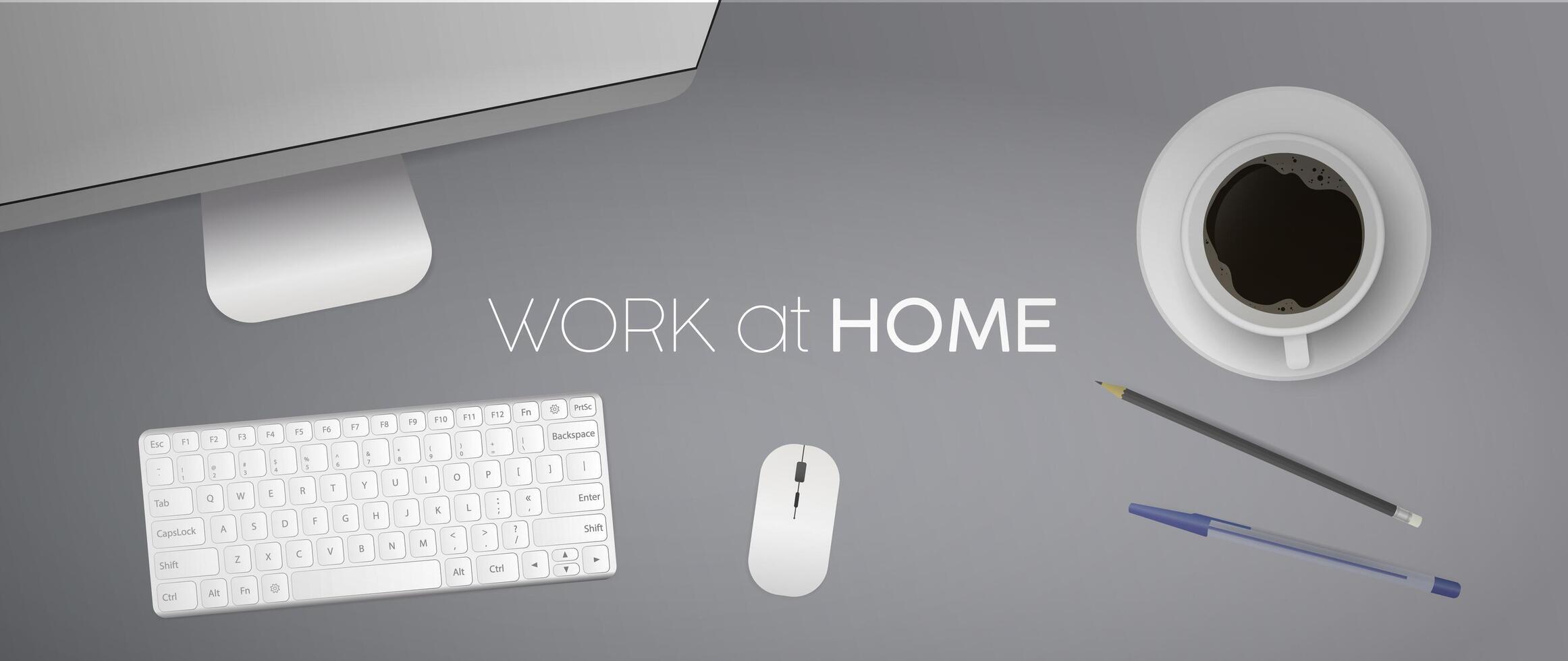 Work at home banner. Flat lay, top view office desk with computer. Coffee, pencil, pen, keyboard, computer mouse, monitor. Realistic illustration. vector