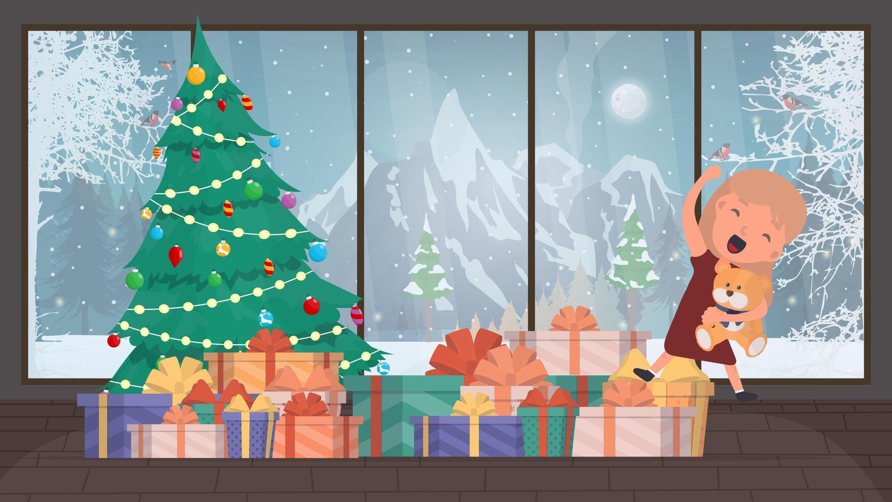 A happy girl with a teddy bear and lots of gifts. Happy child with gifts. Vector. vector
