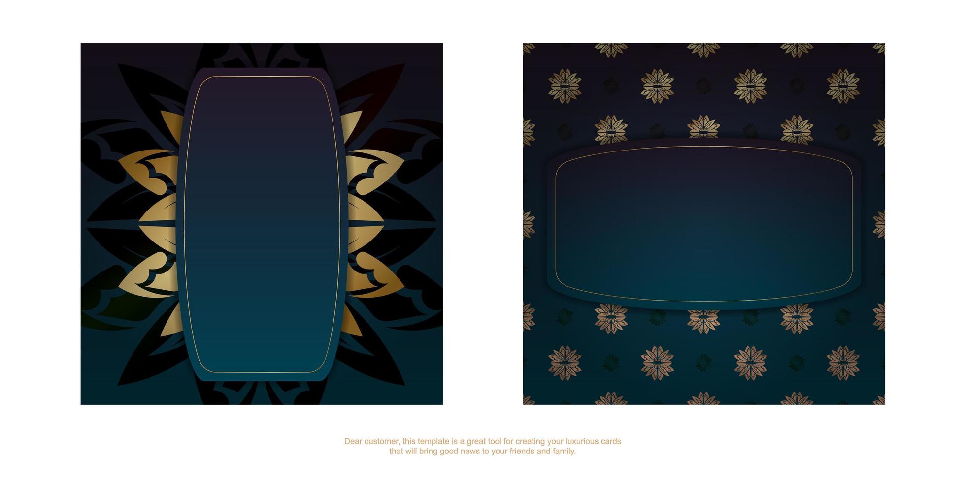 folleto de felicitación de plantilla con un degradado de color azul con adornos de oro griego para sus felicitaciones. vector