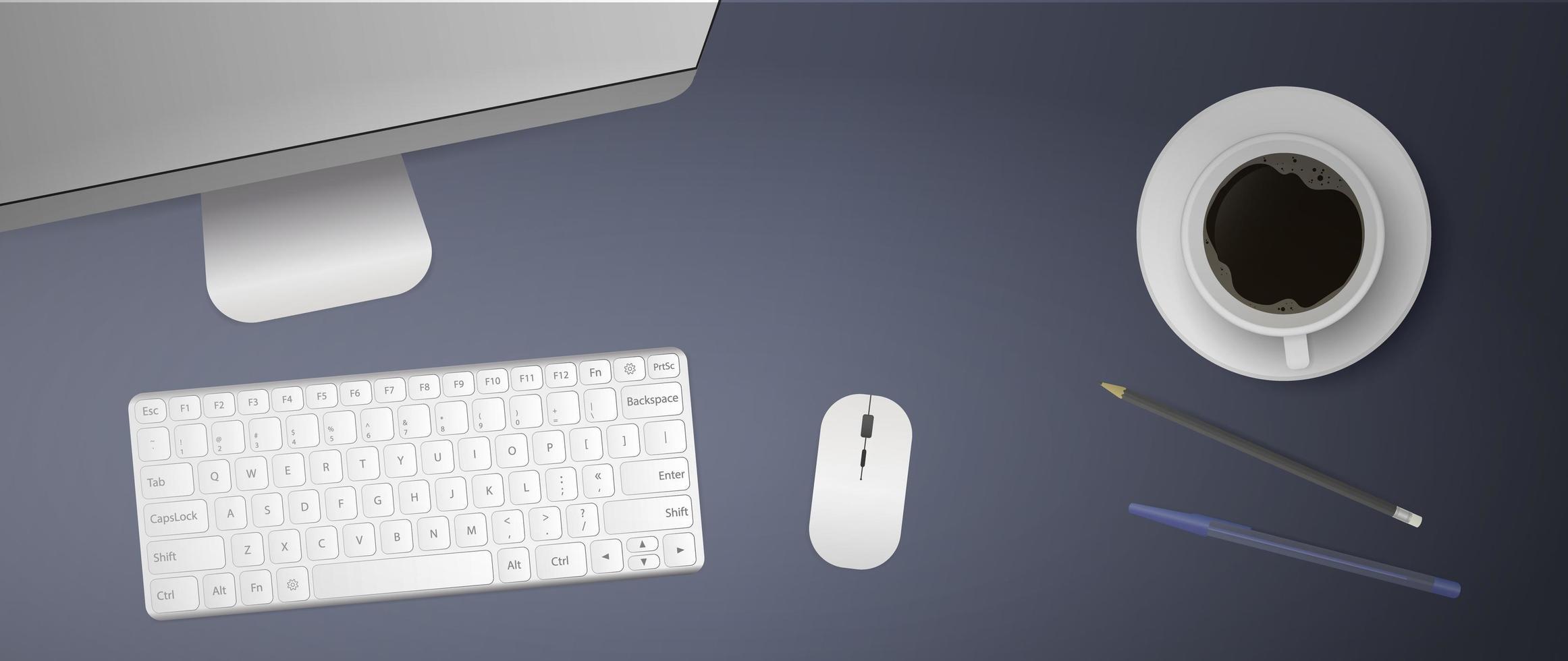 Flat lay of office workplace. Desktop top. Computer monitor, keyboard, computer mouse, cup of coffee, pen, pencil. Realistic vector illustration.