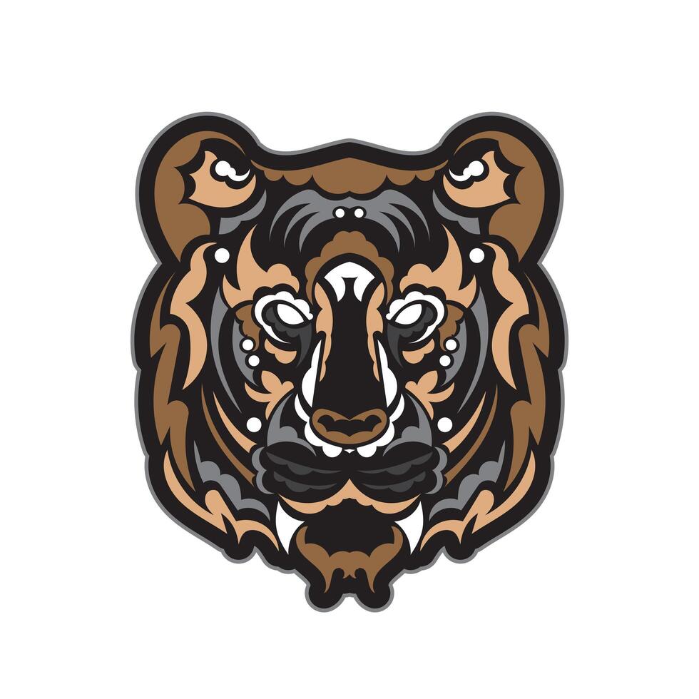 The colored face of a lion, composed of patterns. Tiger head print. For T-shirts, phone cases and cups. Vector