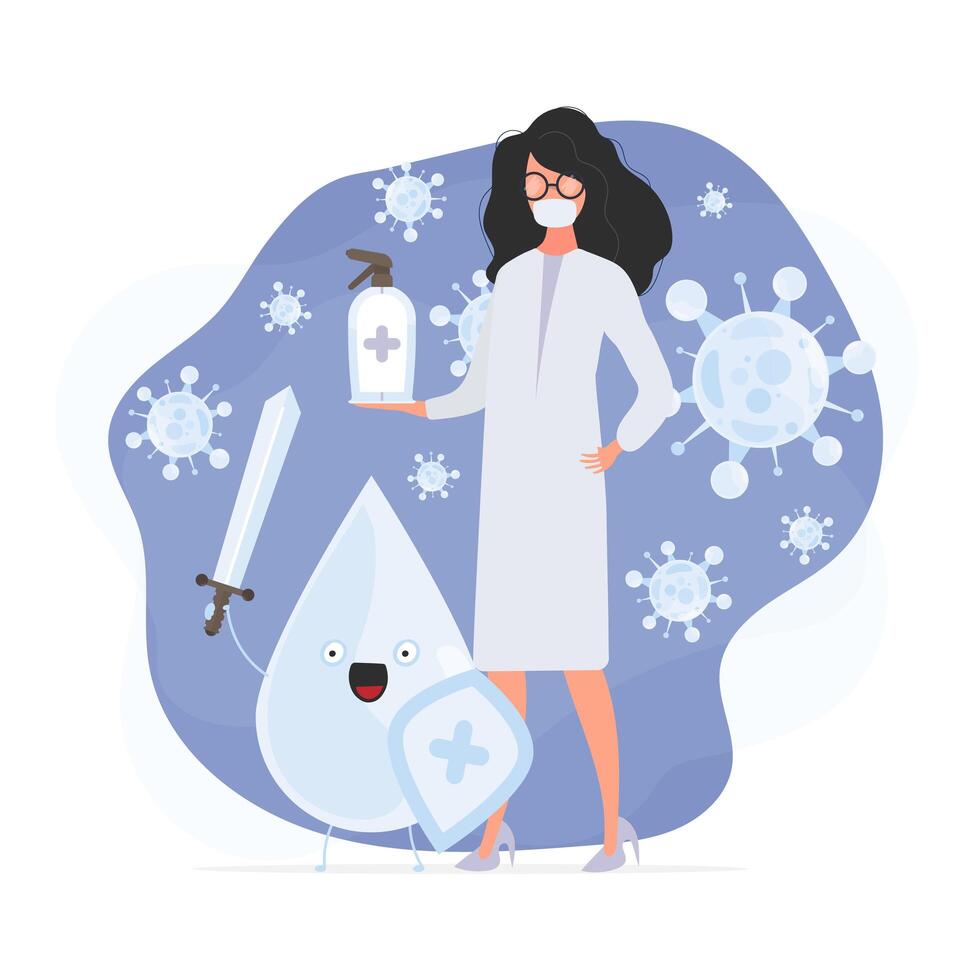 Girl doctor holds a sanitizer in her hands. Medical woman in a white coat. A drop with a sword and shield surrounded by virus molecules. Disinfectant in flat style. vector