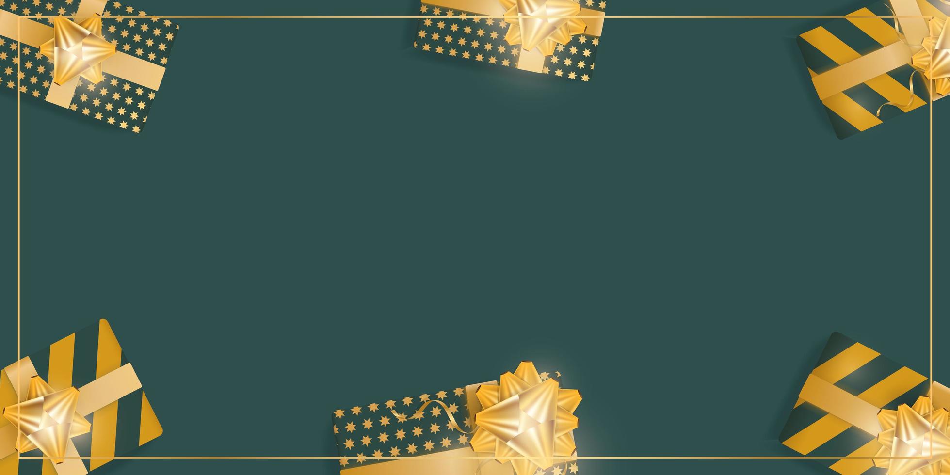 Green background with realistic gift boxes with gold ribbons and bows. View from above. Banner with space for text. . vector