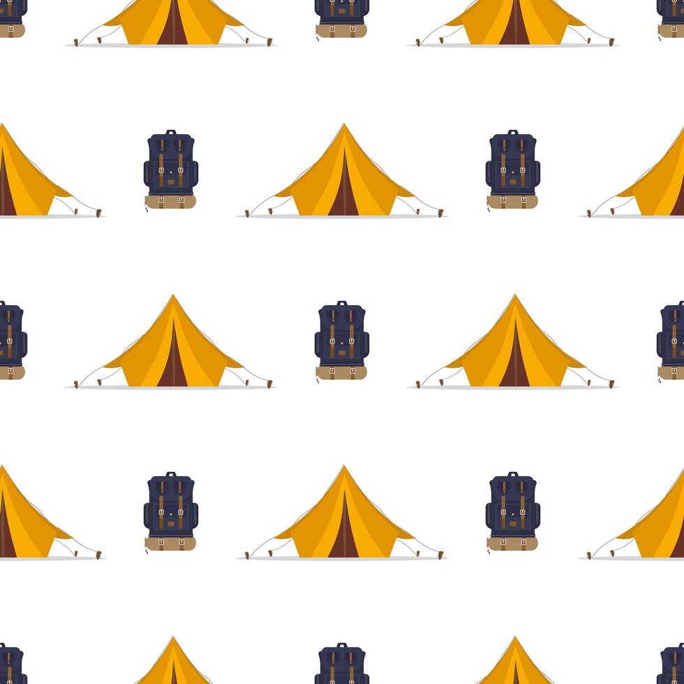 Seamless pattern with tent and backpack. Good on the topic of travel and camping. . vector