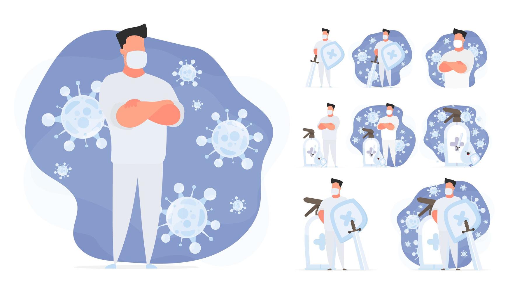 Set for a poster or presentation. A medic in a white suit. Doctor in a medical mask. Drop with sword and shield. Sanitizer in a flat style. vector