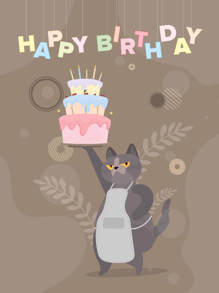 Funny cat holds a festive cupcake. Sweets with cream, muffin, festive dessert, confectionery. Good for happy birthday cards. Vector flat style.