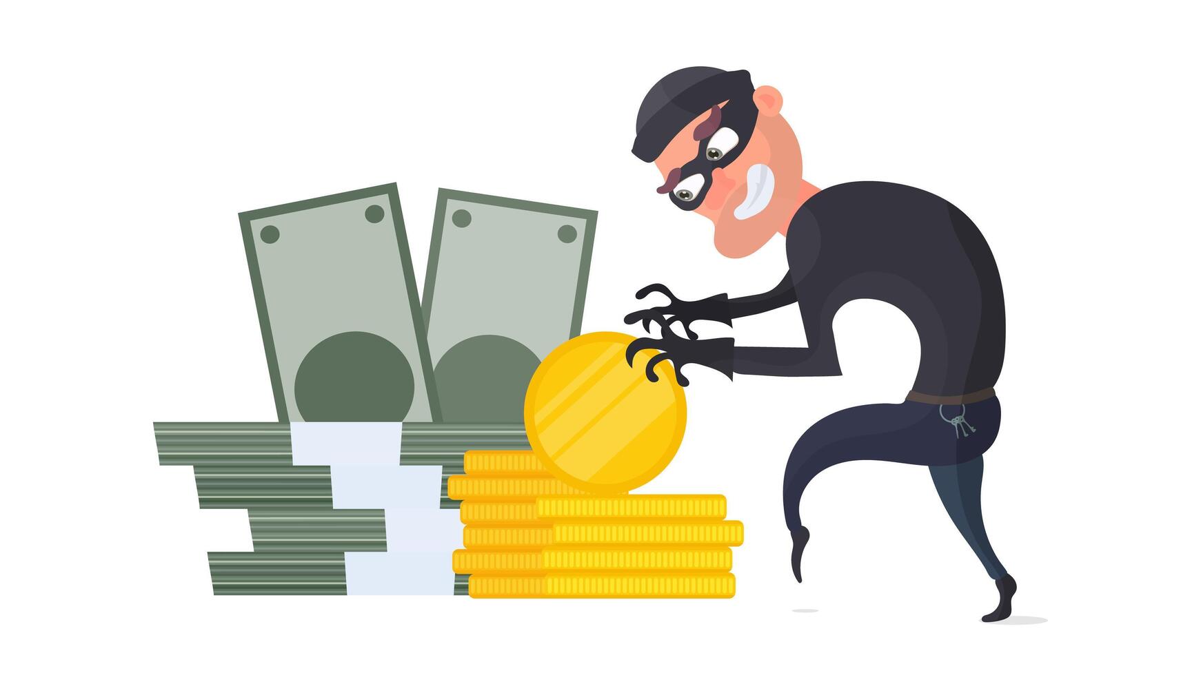 ladrón y una montaña de monedas de oro. un criminal roba monedas de oro. concepto de seguridad de robo y finanzas. estilo plano, vector. vector