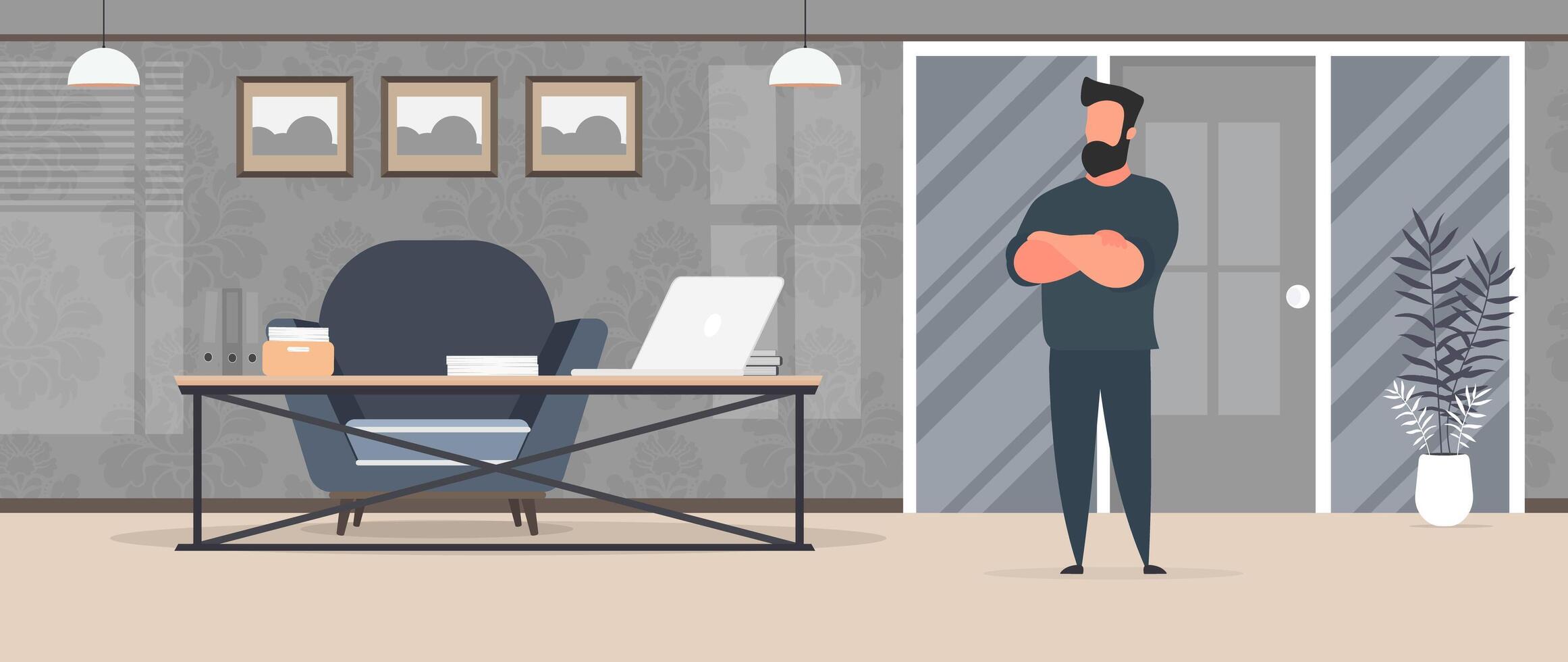 The director is in the office. Businessman in the office. Loft-style room. Bright room. Workplace. Table with laptop, books and documents. Flower in a pot, wooden cabinet. Vector. vector