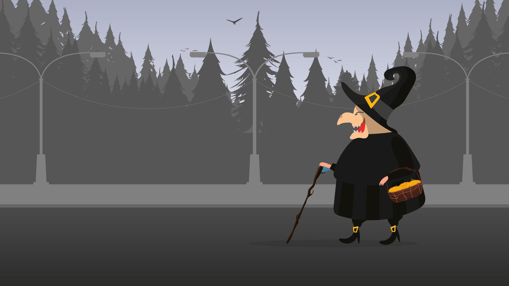 A witch in a black robe walks through the forest. Witch with a hat. Suitable for Halloween-themed designs. Isolated. Vector. vector