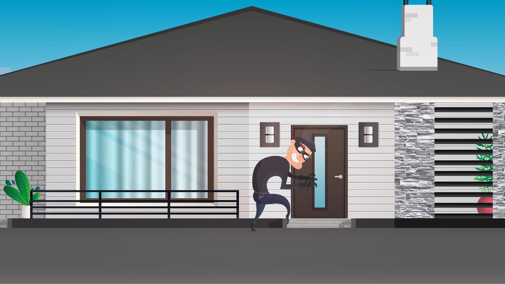 A thief sneaks into the house. The robber is trying to crack the door. Sign of robbery. Security concept. Vector illustration.