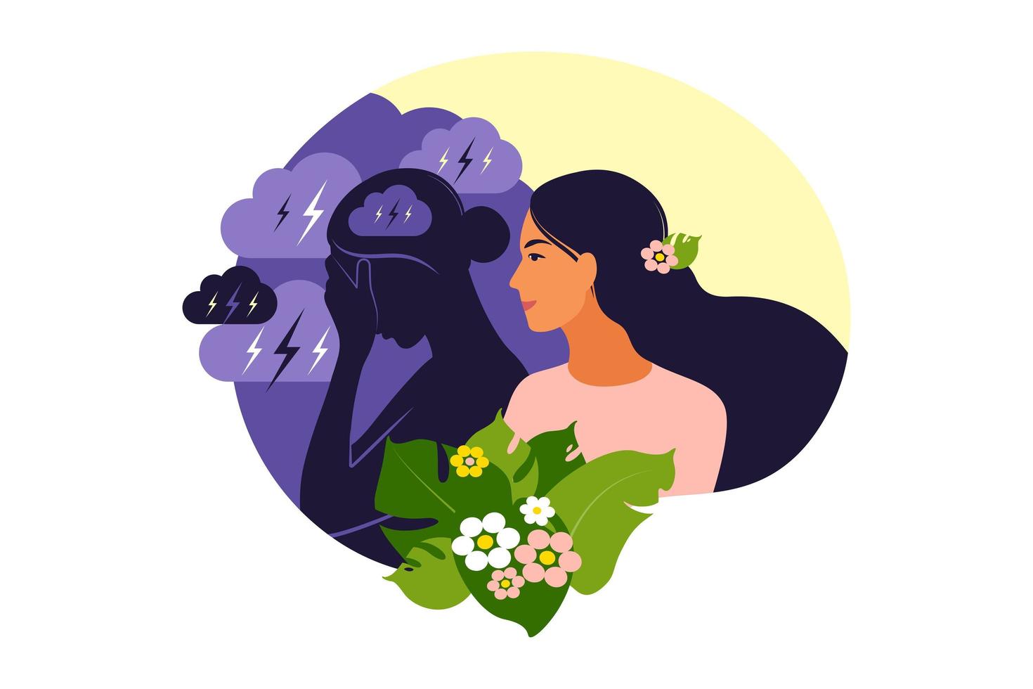 Psychotherapy or psychology support concept. Two woman different states of consciousness mind - depression and positive mental health mood. Vector illustration. Flat