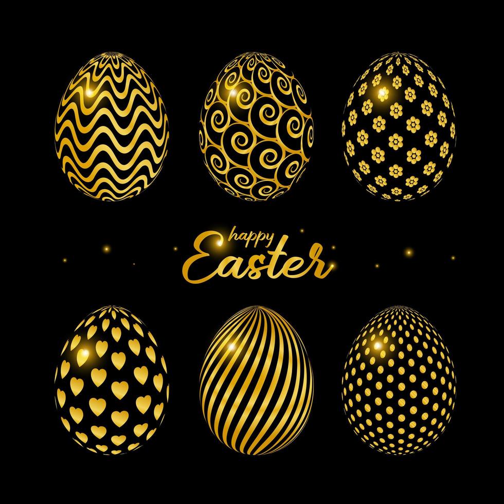 feliz tarjeta de celebración de pascua con huevos de pascua dorados. el cartel con el texto dorado felices pascuas en un fondo negro. ilustración vectorial diseño de plantilla de tarjeta de felicitación. vector