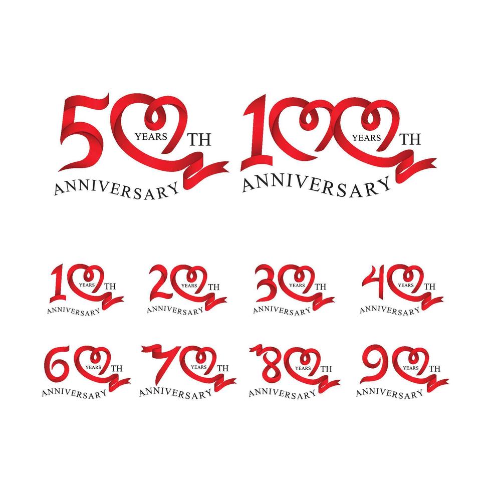 set anniversary red ribbon heart concept vector