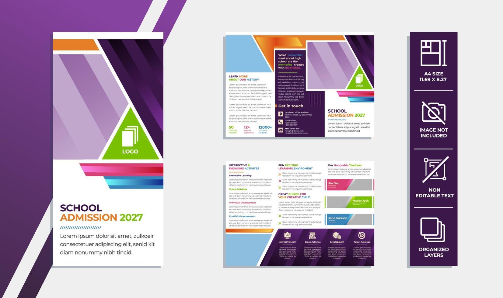 purple pink colorful gradient school admission kids care Trifold Brochure premium template vector