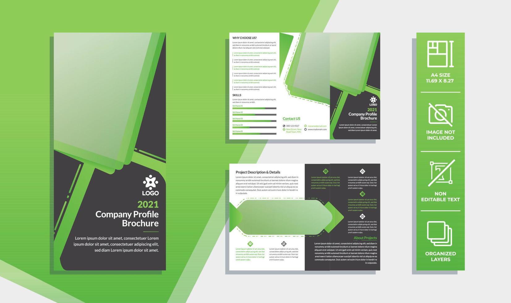 plantilla de folleto tríptico degradado verde tema de negocios folleto de diseño de página múltiple vector premium