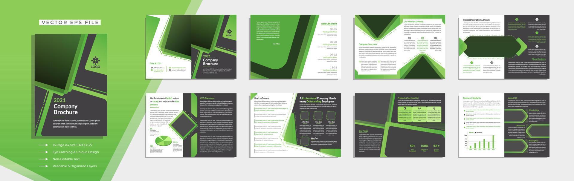 Green 16 pages gradient Company profile template business theme multi page layout brochure Premium Vector