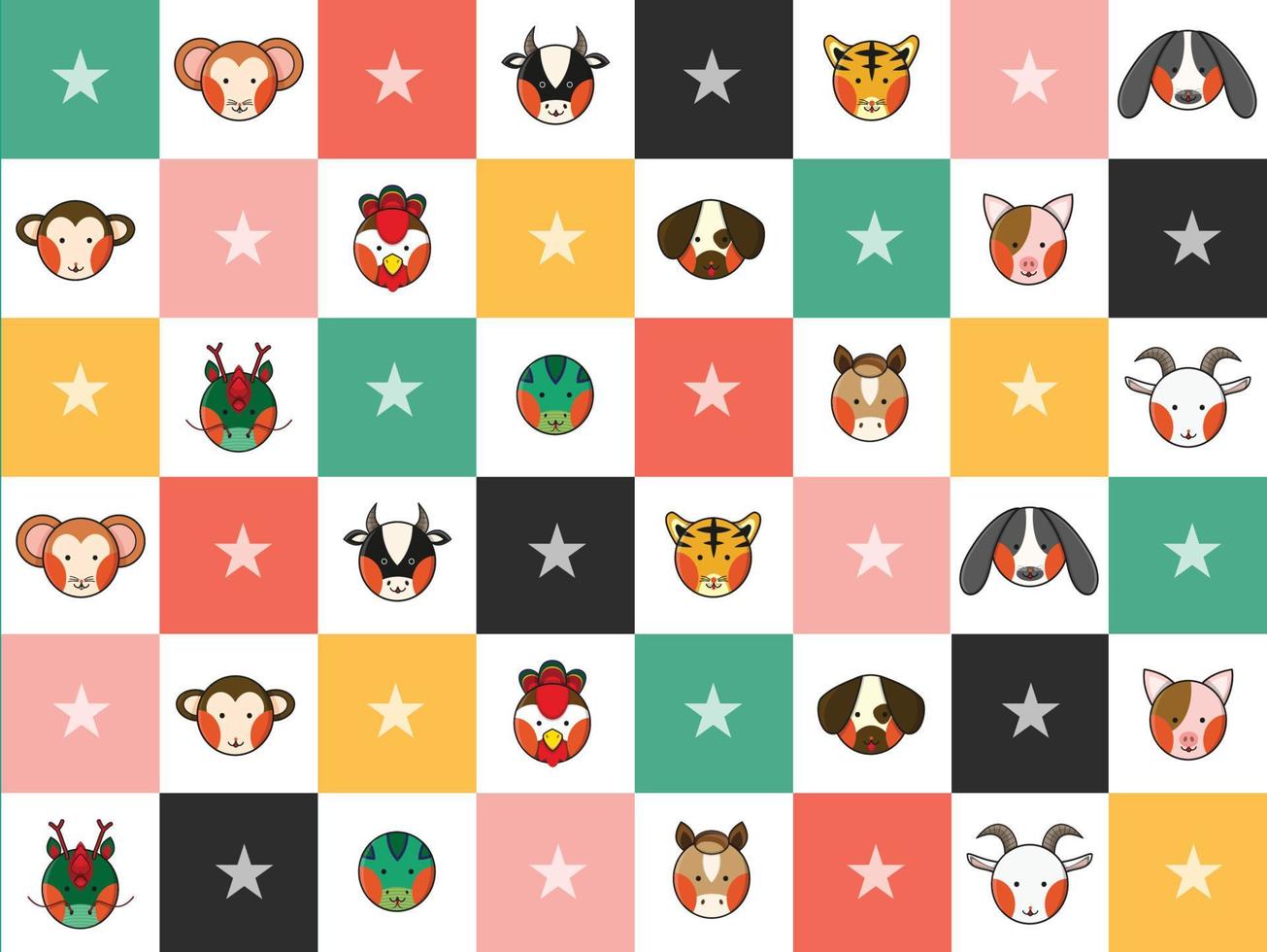 colorido zodiaco chino 12 animales signos tablero de ajedrez fondo de diamantes vector