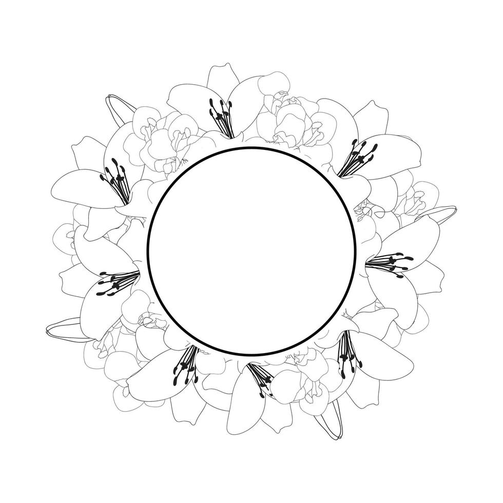 Lily and Iris Flower Banner Wreath Outline vector