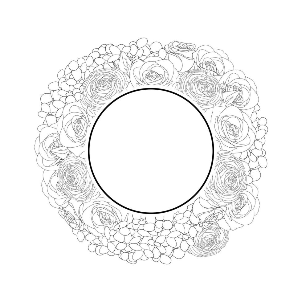 Rose, Hydrangea and Ranunculus Banner Wreath Outline vector