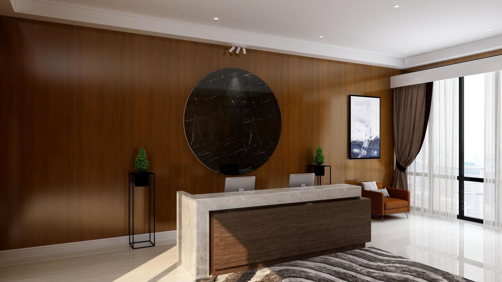 3d rendering office front desk or receptionist room with wooden design interior photo
