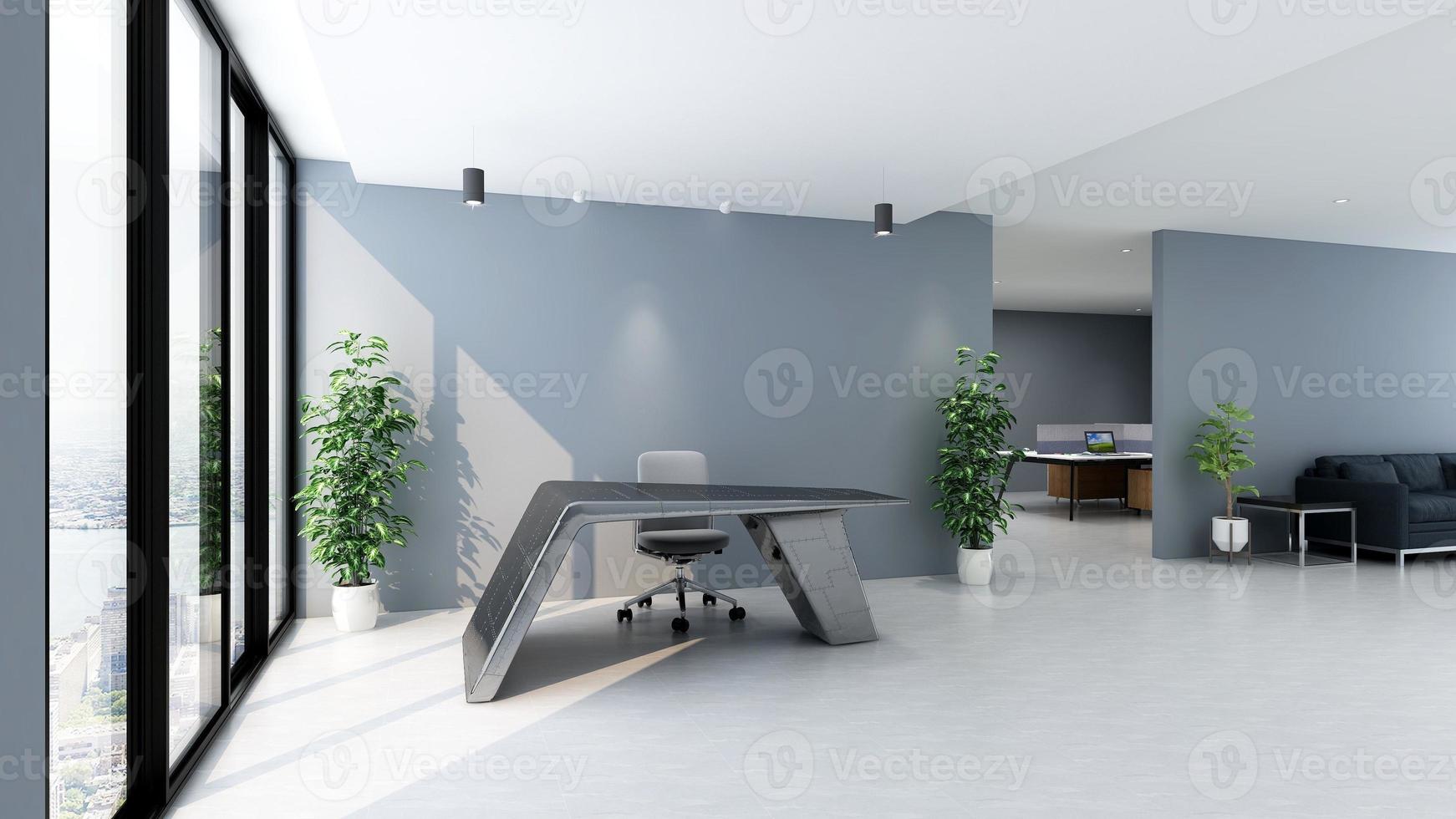 3d renderingoffice recepción o sala de recepcionista con interior de diseño de madera foto