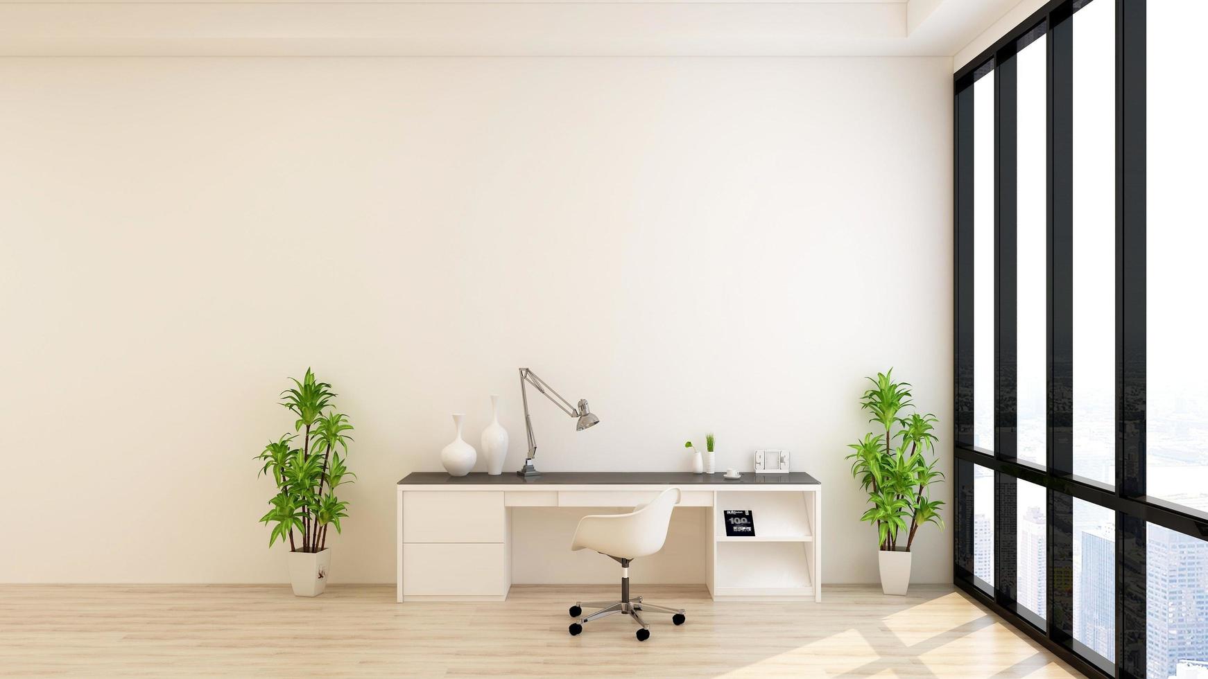 3d rendering 3d office minimalist room with wooden design interior photo