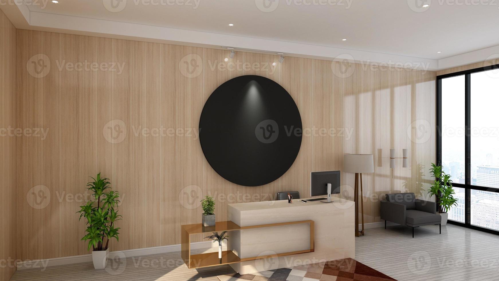 3d rendering office front desk or receptionist room with wooden design interior photo