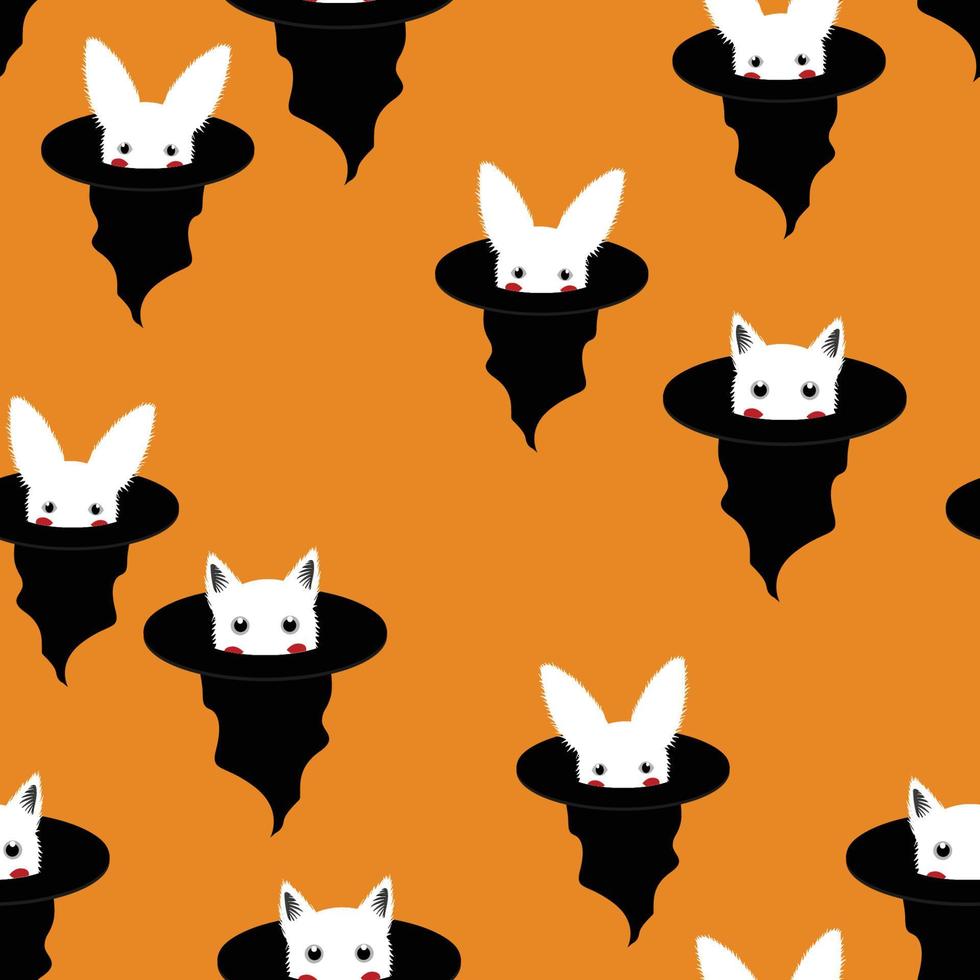 Halloween Background - White Rabbit and Cat in Witch Hat. Vector Illustration