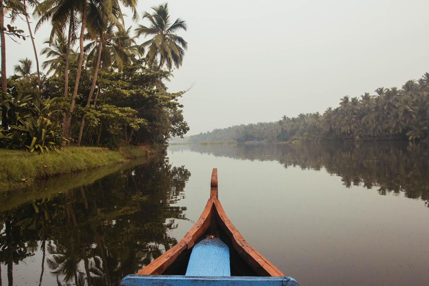 Wooden boat on the backwater canals on a background of tropical forest with palm trees. Copy, empty space for text photo