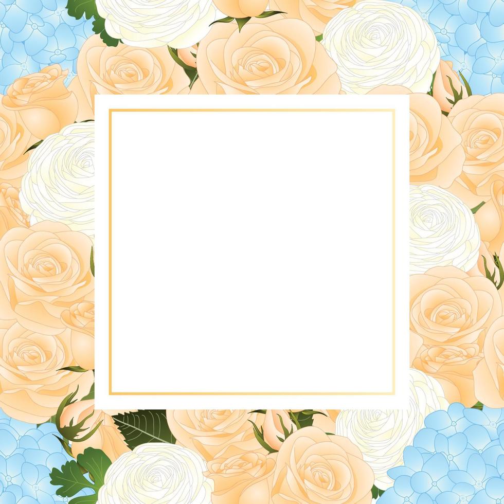 tarjeta de banner de rosa naranja, hortensia azul y ranúnculo blanco vector