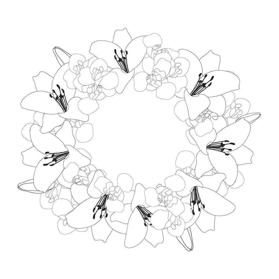 Lily and Iris Flower Wreath Outline vector