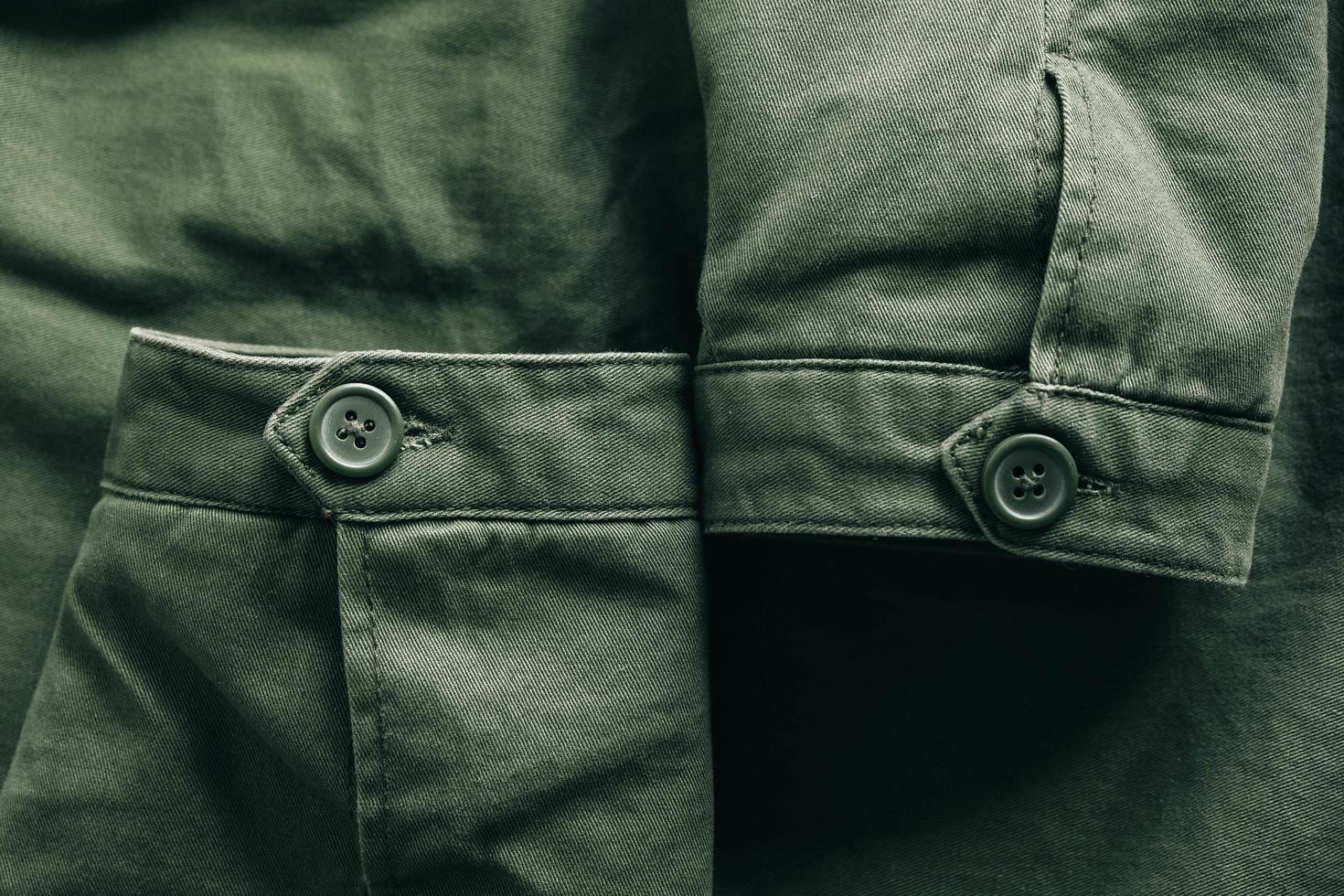 Background of folding sleeves of green jacket and buttons with seam line photo