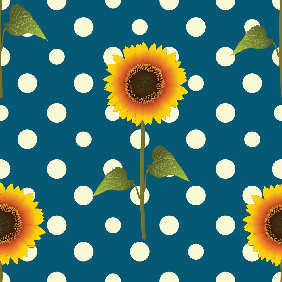 Sunflower on Yellow Polka Dots Blue Teal Background. Vector Illustration