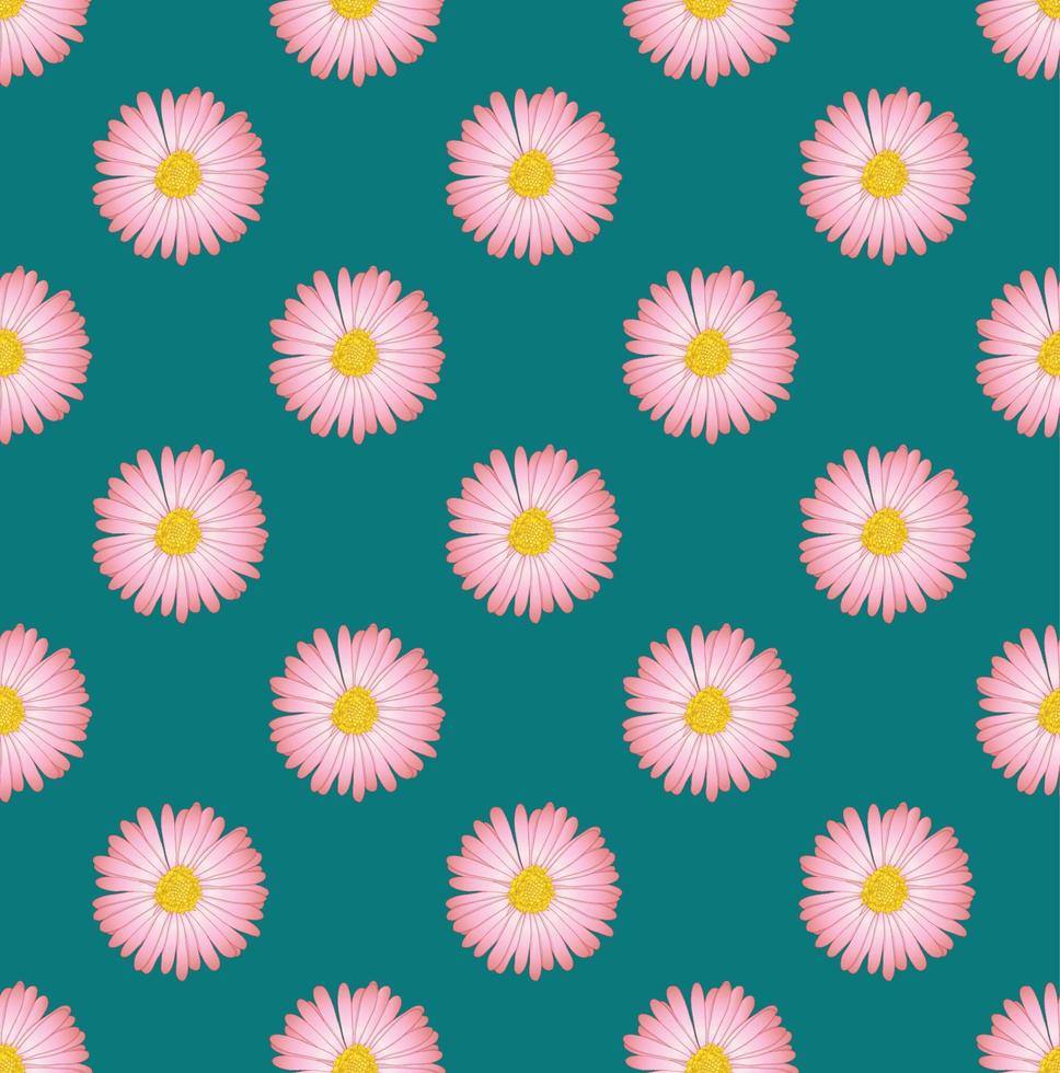 Pink Aster Flower Seamless on Green Teal Background vector