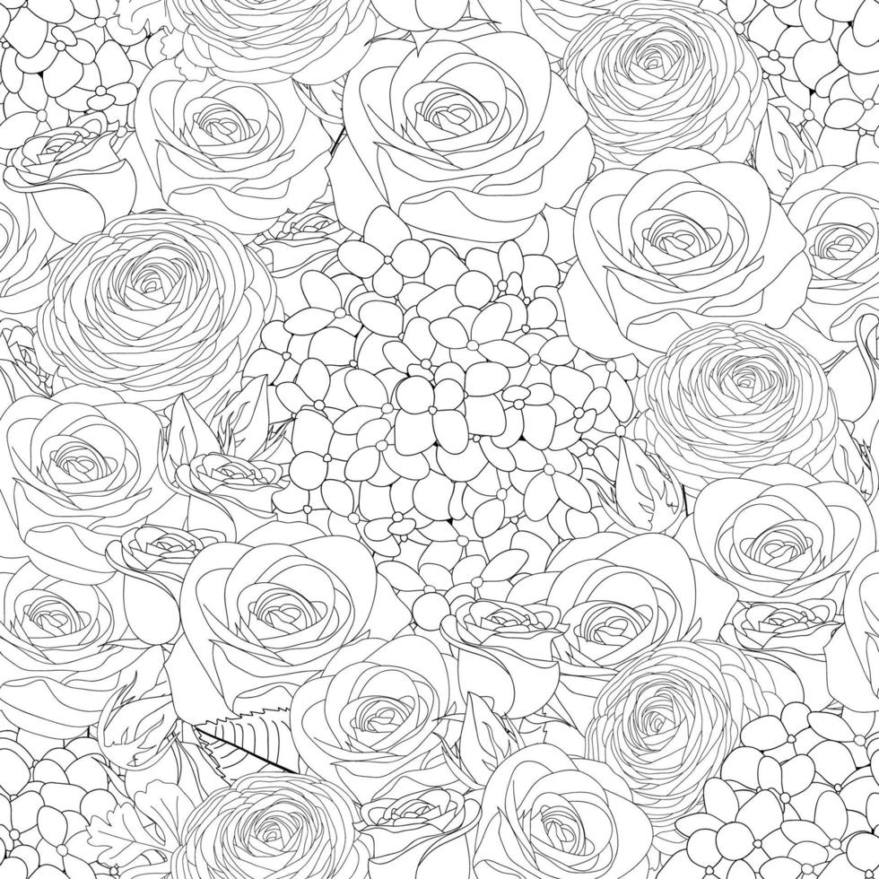 Rose, Hydrangea and Ranunculus Outline Seamless Background. vector