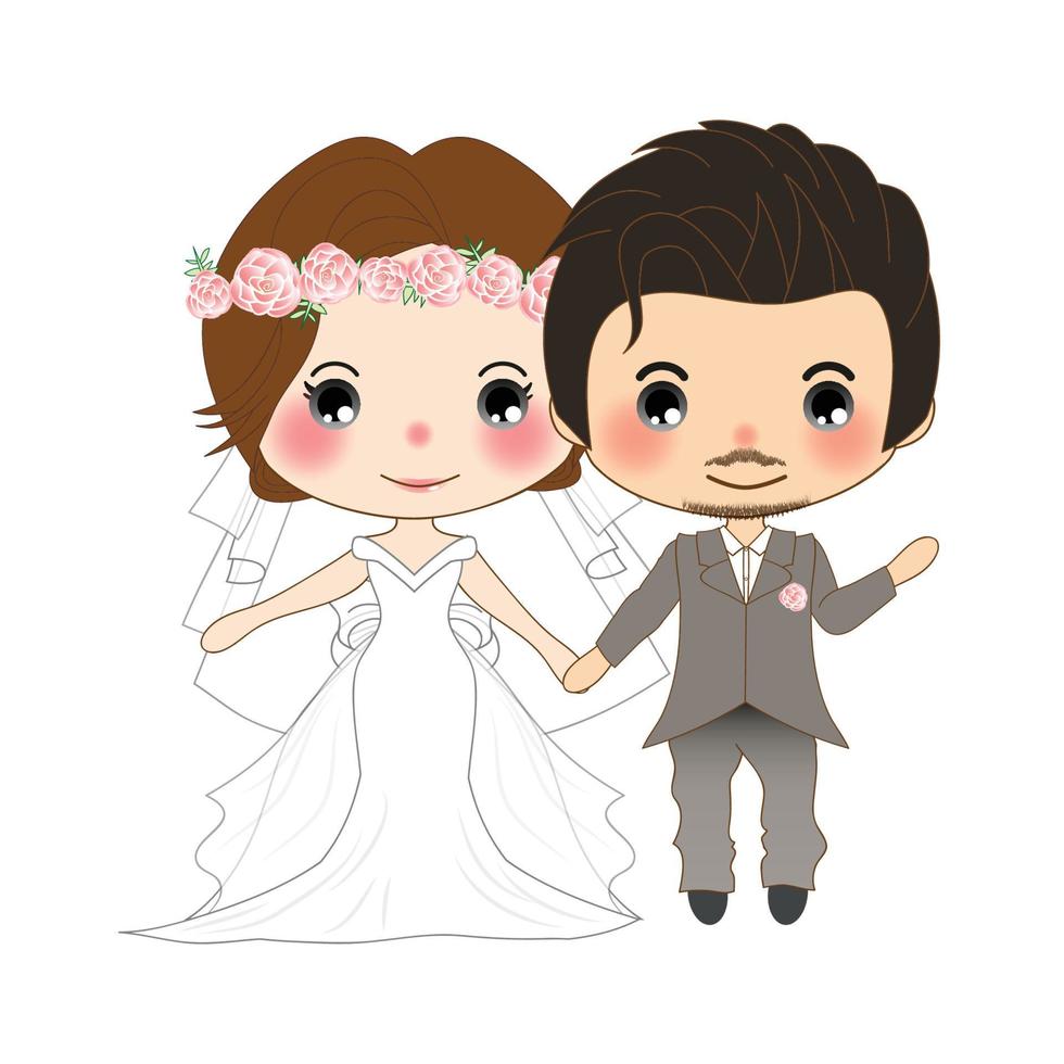 Couple Wedding. Cute Woman in Bride Dress and Mustache Man in Groom Tuxedo. vector