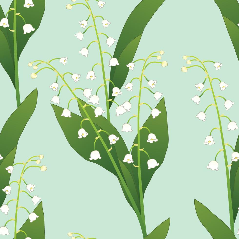 White Lily of the Valley on Green Mint Background. Vector Illustration