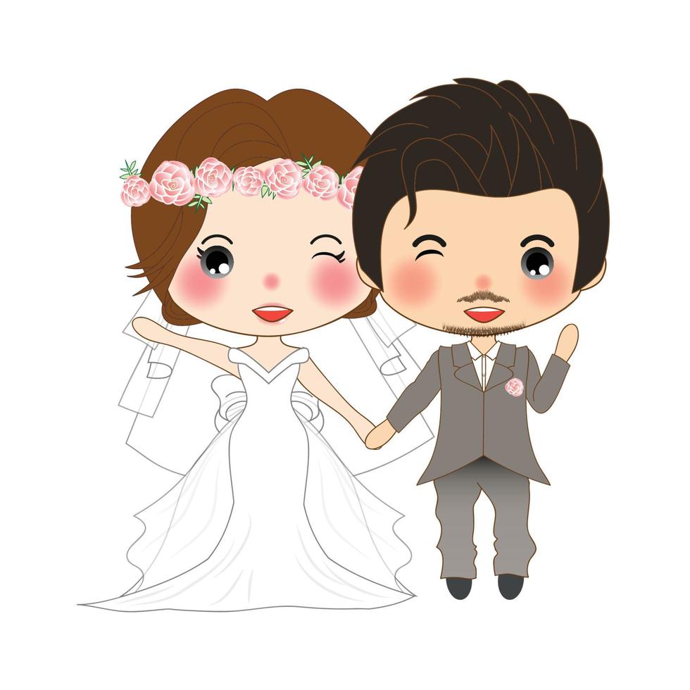 boda de pareja. linda mujer con vestido de novia y bigote hombre con esmoquin de novio. vector