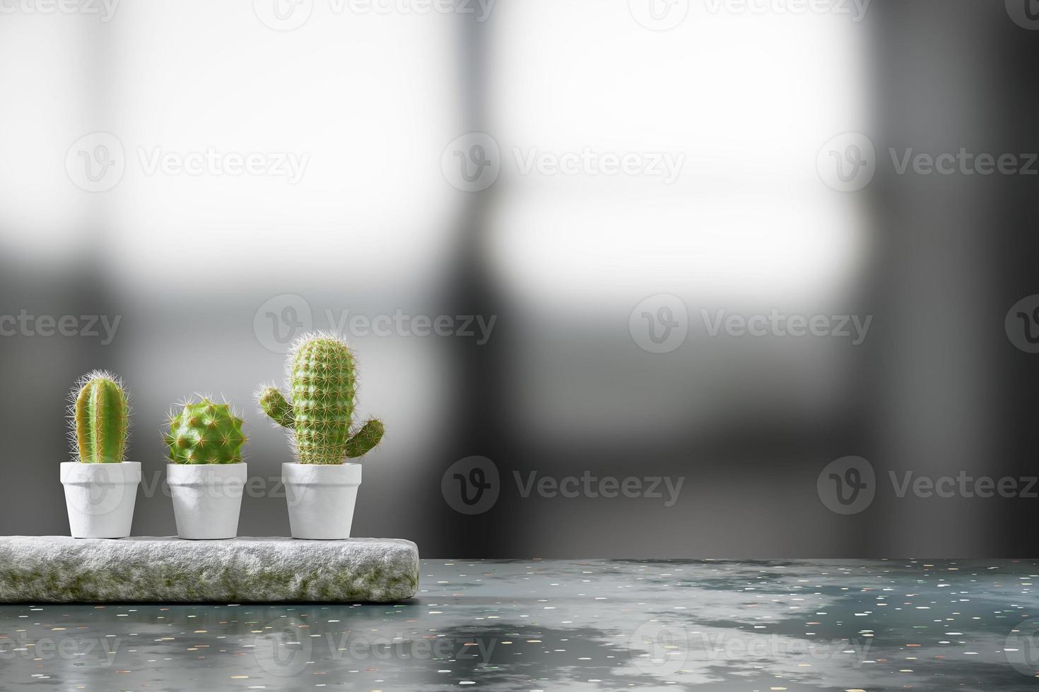 cactus colocado en la mesa con renderizado 3d de fondo borroso foto