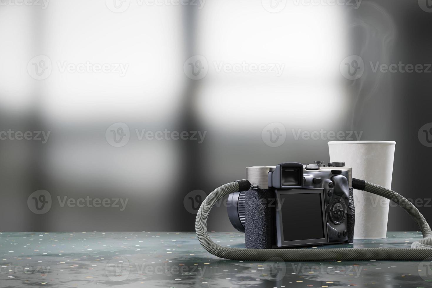 Camera and coffee cup placed on table with blurred background 3d rendering photo