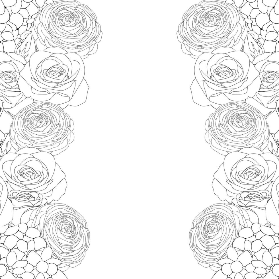 Rose, Hydrangea and Ranunculus Outline Border vector