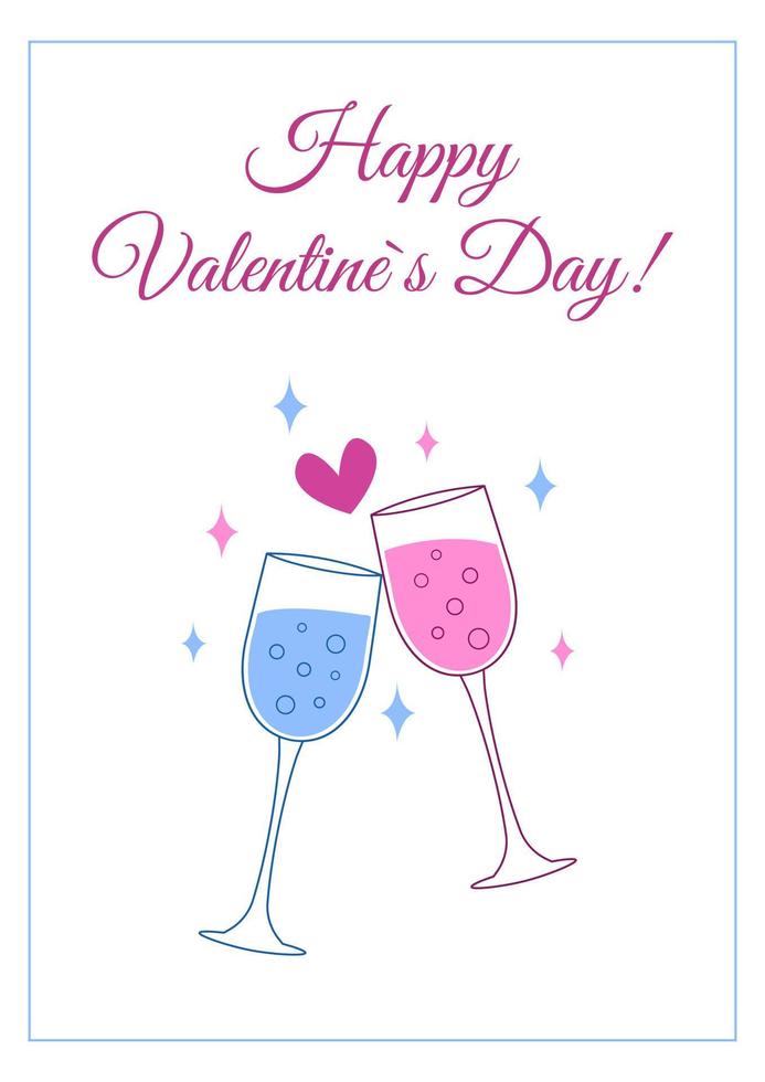 Happy Valentines Day greeting card. Cute two champagne glasses. Romantic date on love holiday. Vector flat illustration