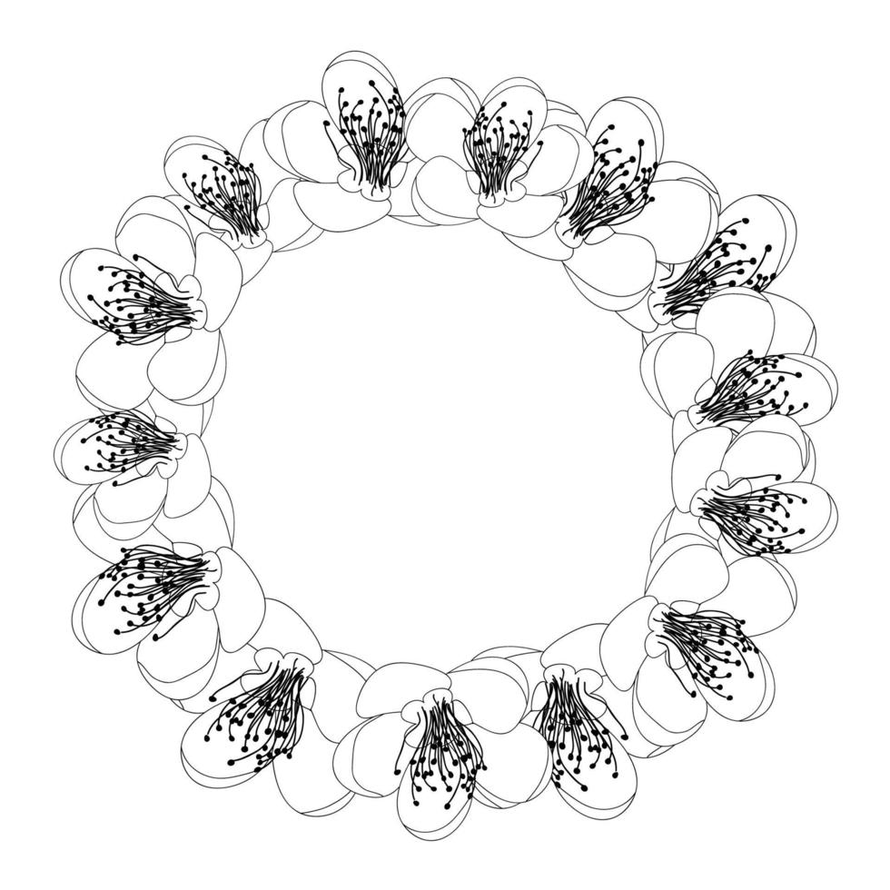 Momo Peach Flower Blossom Wreath Outline. vector