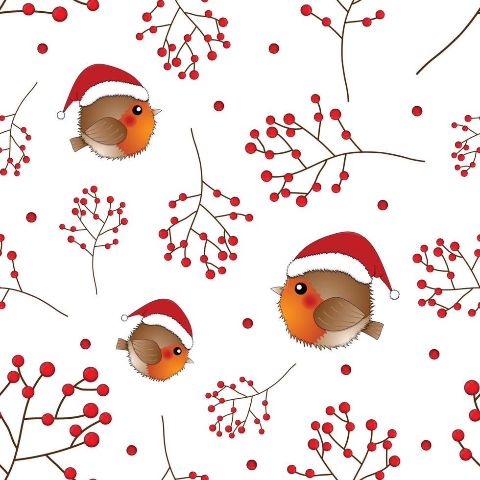 Red Robin Bird Santa Claus and Berry on White Background. vector