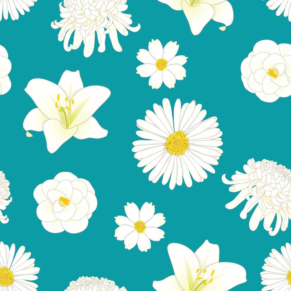 White Chrysanthemum, Aster, Camellia, Cosmos and Lily Flower on Indigo Blue Background vector