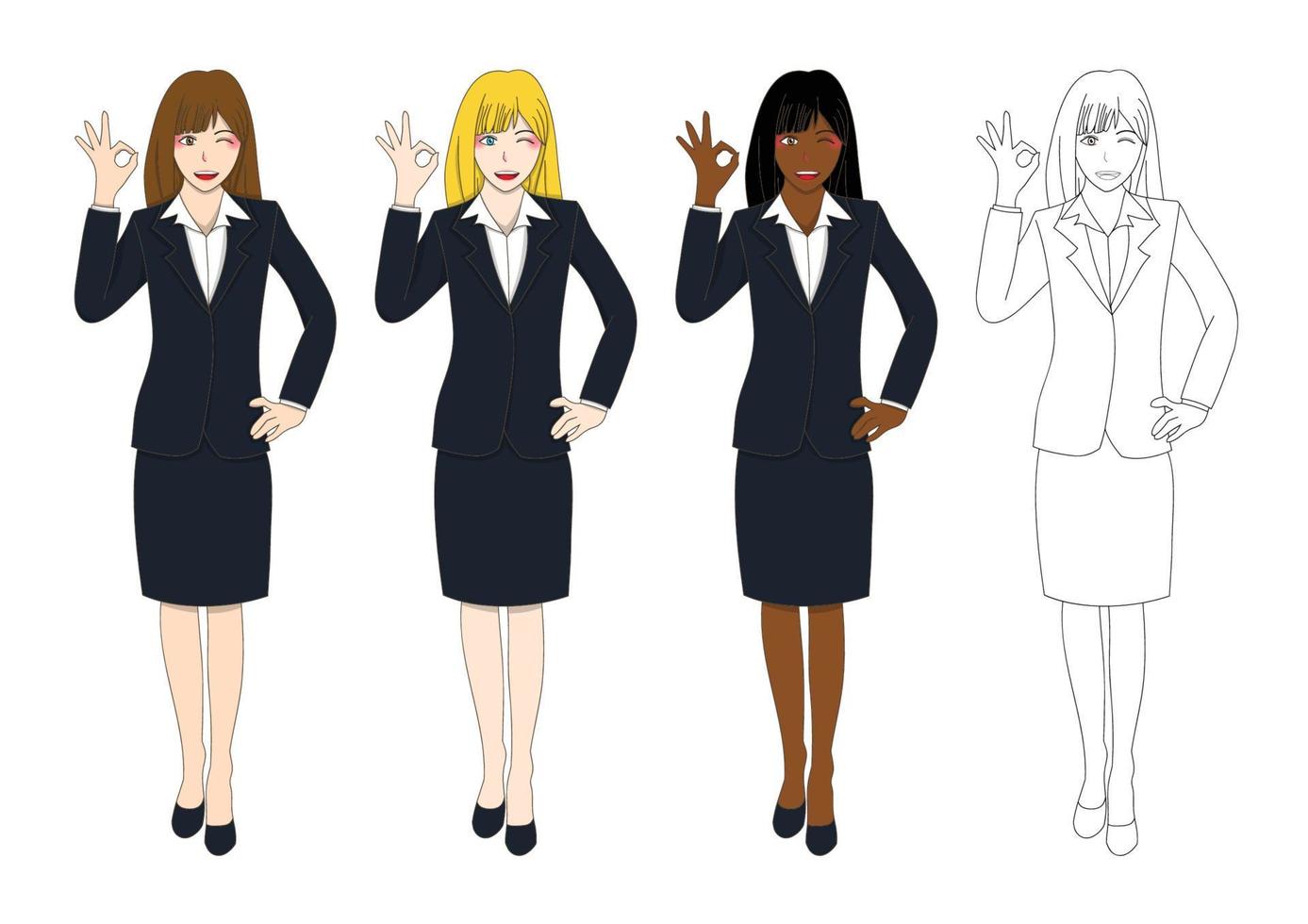 Set Cute Business Woman Showing OK Hand Sign. vector