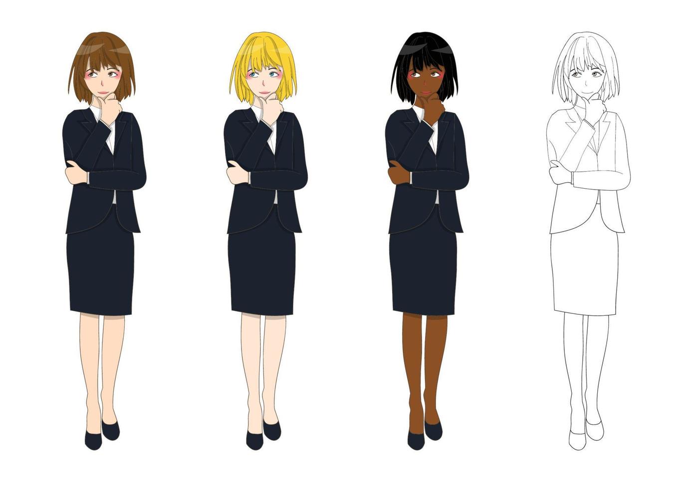 Set Cute Business Woman Thinking to Make Decision. Full Body Vector Illustration