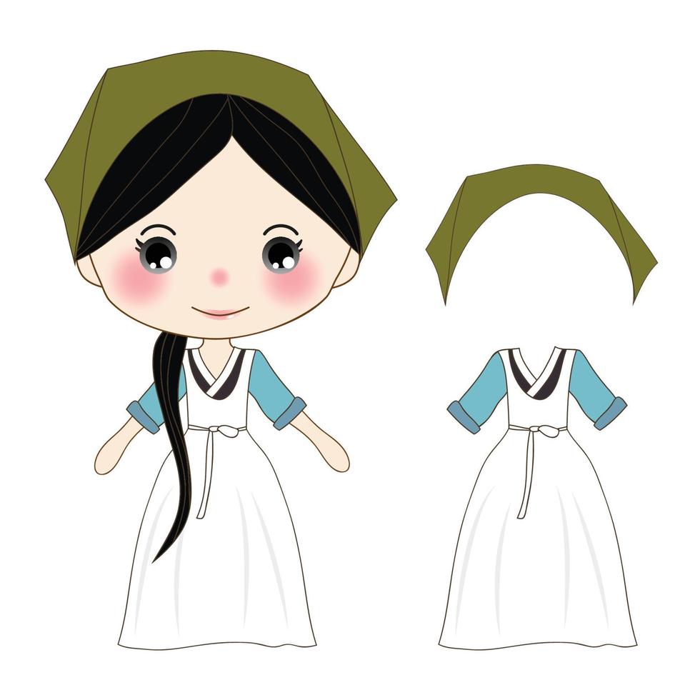 linda chica con traje tradicional coreano hanbok verde vector